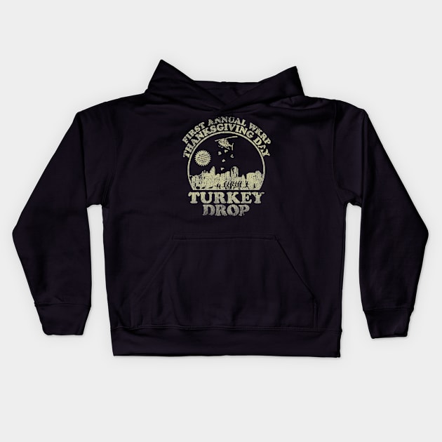 WKRP turkey drop Kids Hoodie by vintage.artillustrator